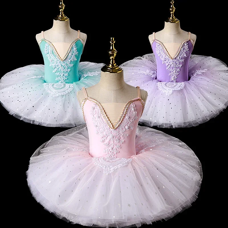 2024 New Ballerina Fairy Prom Party Costume Kids Blue Sequined Flower Dress Girls Dance Wear Gymnastic Ballet Tutu Dress