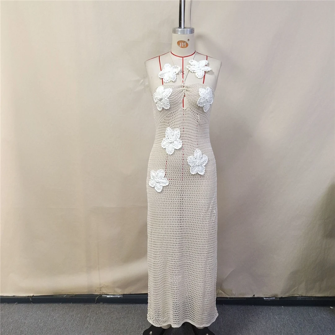 S XL 3D-Blumen Neckholder Rückenfreies Häkel-Strick-Tunika Strandkleidung Strandkleid Strandmode Strand-Cover-Up Damen V6216 – Detail 8
