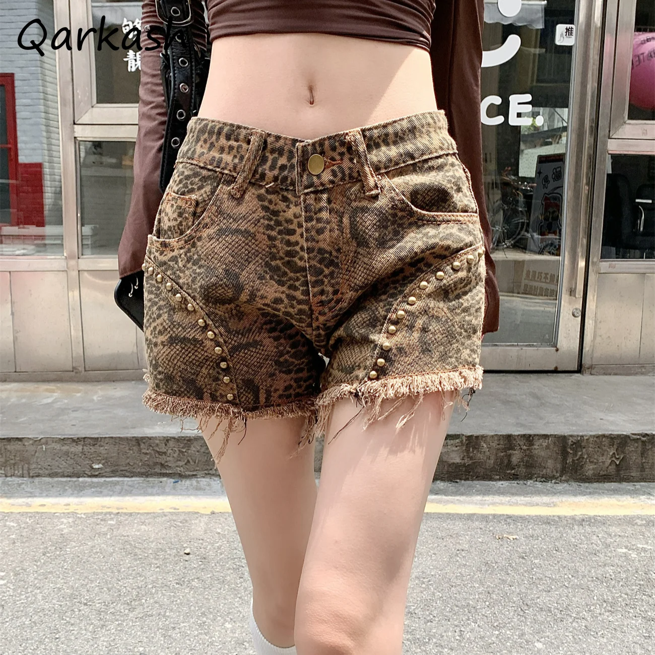 

Denim Shorts Women Snake Printed Summer Sexy Club Tassel Slim Temperament High Waist Designed Straight Korean Fashion Streetwear