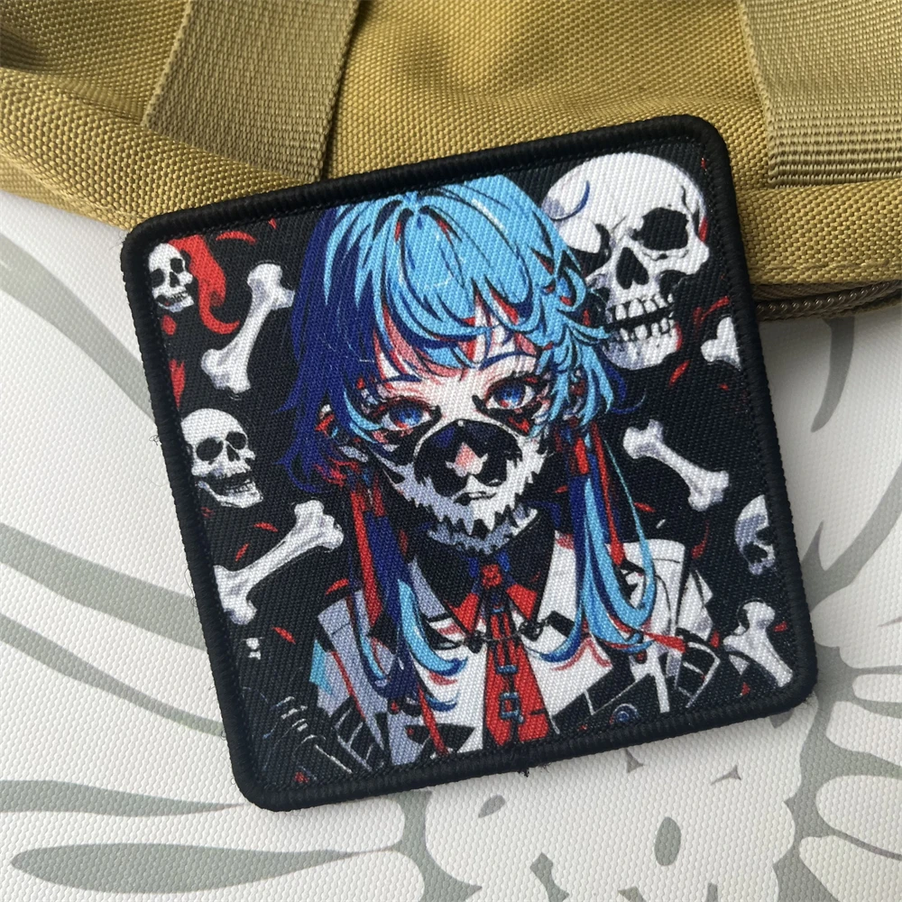 Masked Girl Skeleton Punk Printed Hook and Loop Patches Tactical Morale Badge Backpack Decoration Sticker