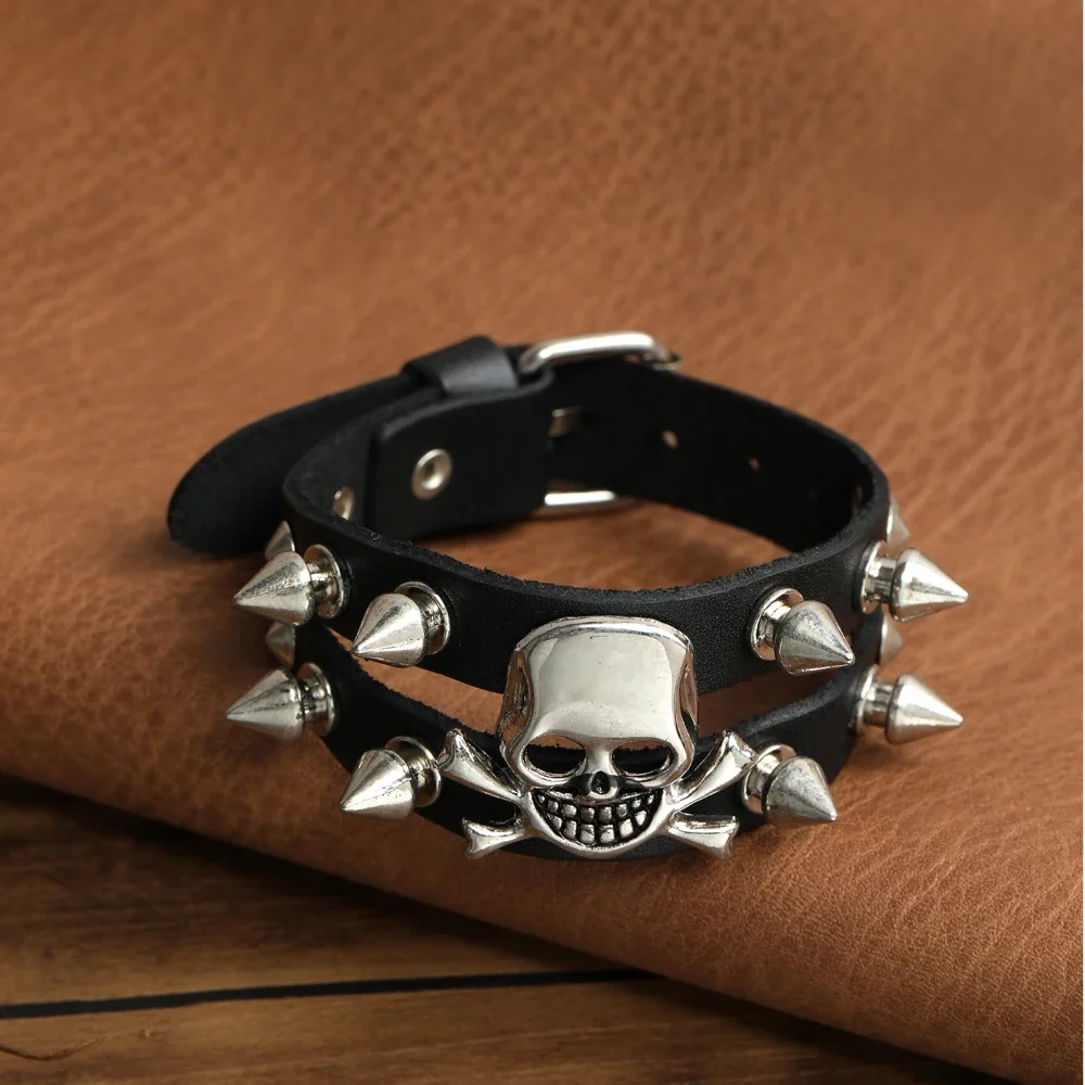 2024 Trend Jewelry Handmade Weave Genuine Leather Skull Bracelet Men Vintage Cuff Wide Leather Rivet Bracelet Pulsera Hombre