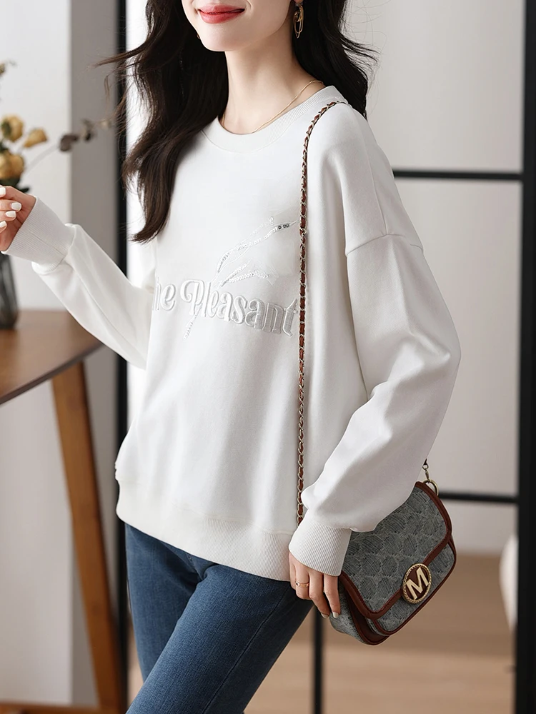 New In Embroidered Letter Quality Sequins Sweatshirts Women Winter Autumn Patchwork Lace Pullovers Streetwear Y2K Top Elegant