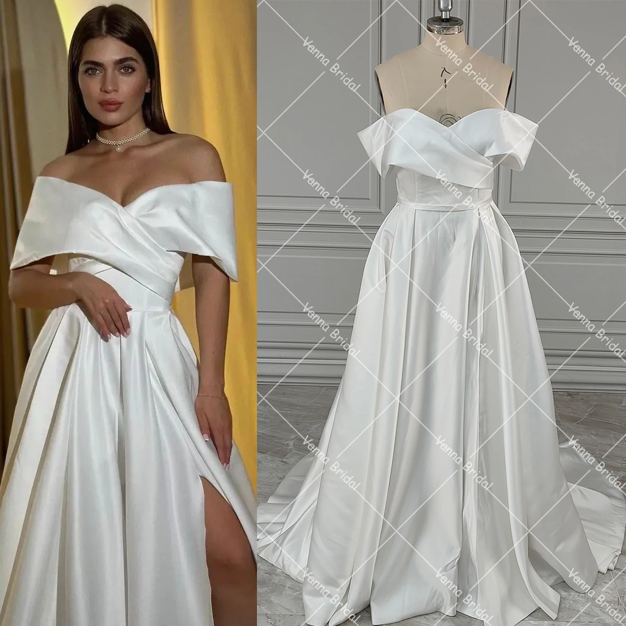 Simple Real Picture Cross Off Shoulder Wedding Gowns A Line Customized Side High Split Ruched Top Corset Closure Bridal Dress