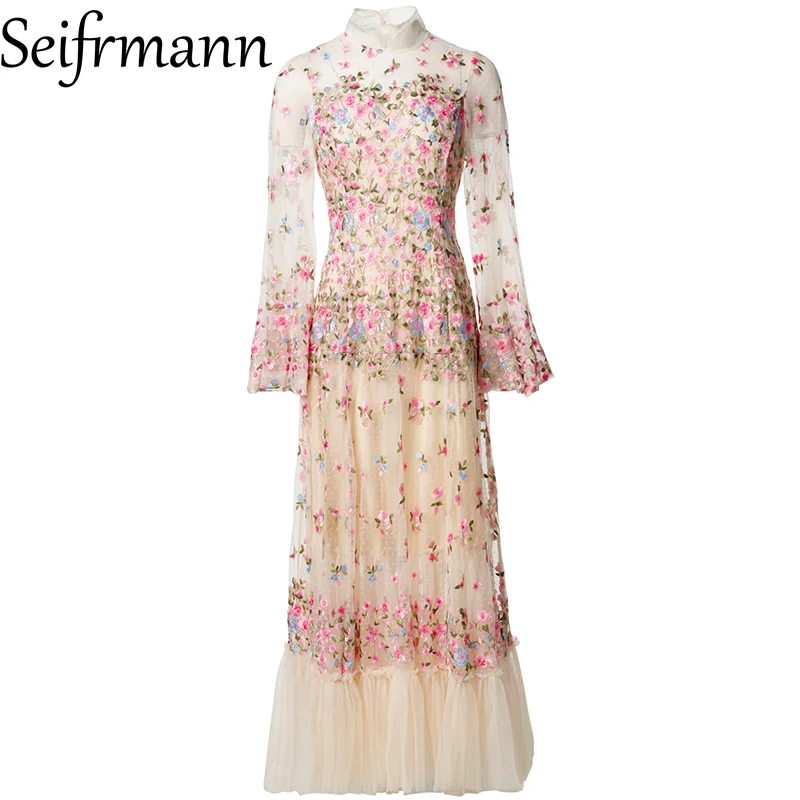 Seifrmann 2026 Summer Women's New Fashionable Stand up Collar Long Sleeve Mesh Embroidered Waist cinched Long Dress
