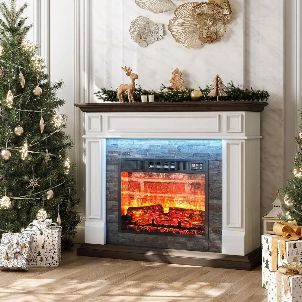44 Electric Fireplace w/LED, Stacked Stone, White&Brown | Realistic 3D Flame, Timer Function, Heat & Flame Independent Control f
