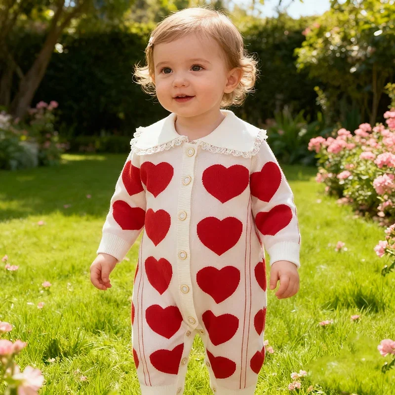 

Newborn Fashion Red Heart Print Overalls Sweater Baby Romper Knit Toddler Children Clothes Infant Girl Jumpsuit Valentine's Day