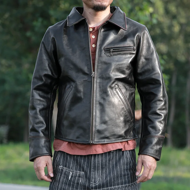 New tea core cowhide vintage casual jacket turn-down collar men's genuine leather jackets