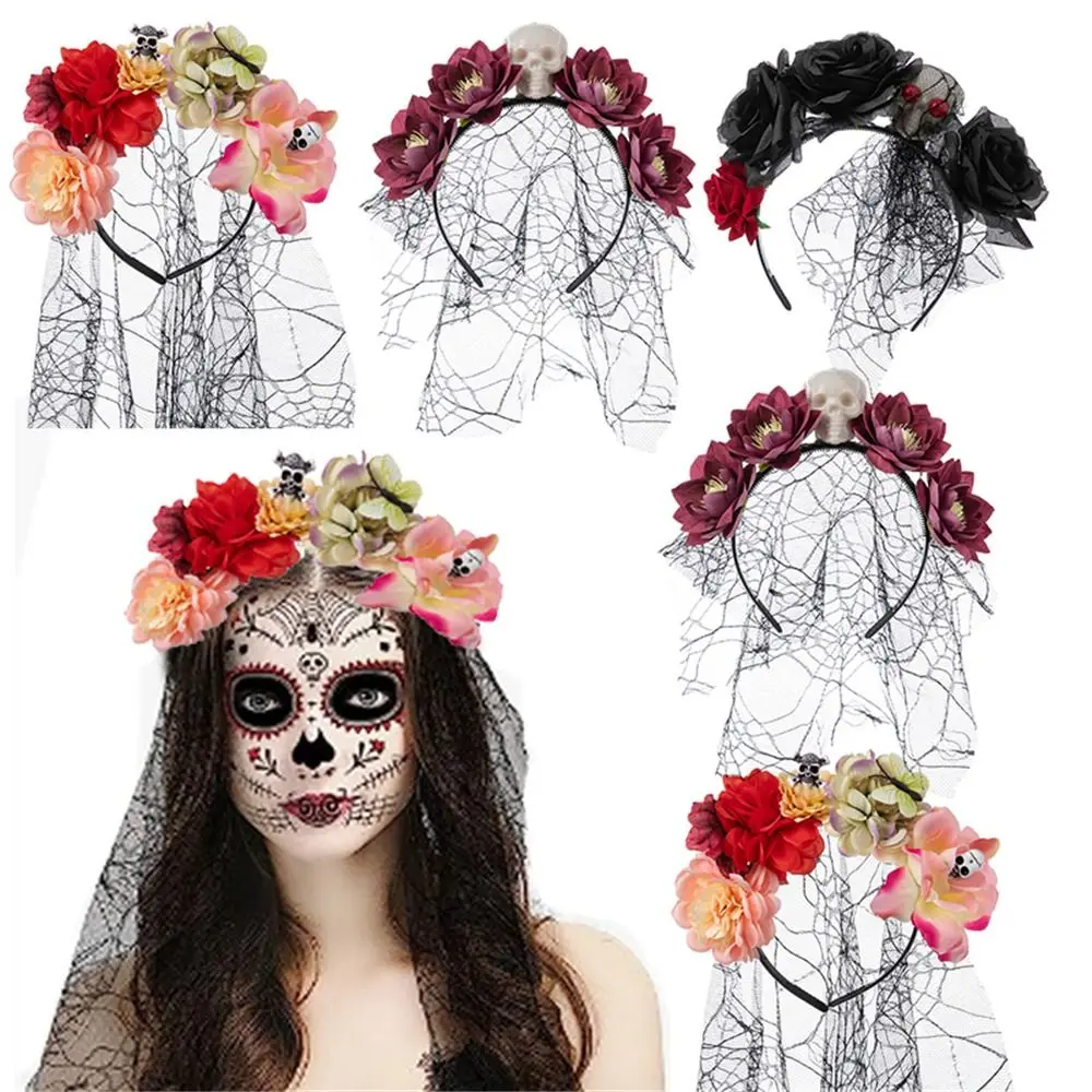 Halloween Rose Flower Headband Mexican Rose Flower Crown Headband Day of The Dead Flower Headpiece with Black Veil Headwear