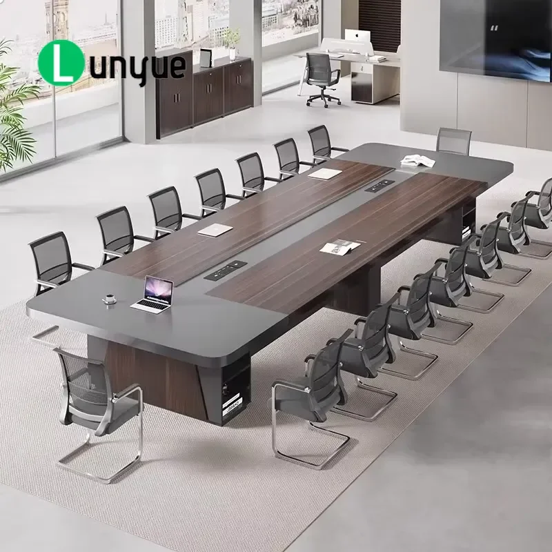 Modern Luxury Conference Table with Power Socket Wood Grain Finish Large Meeting Desk for Office Boardroom Professional