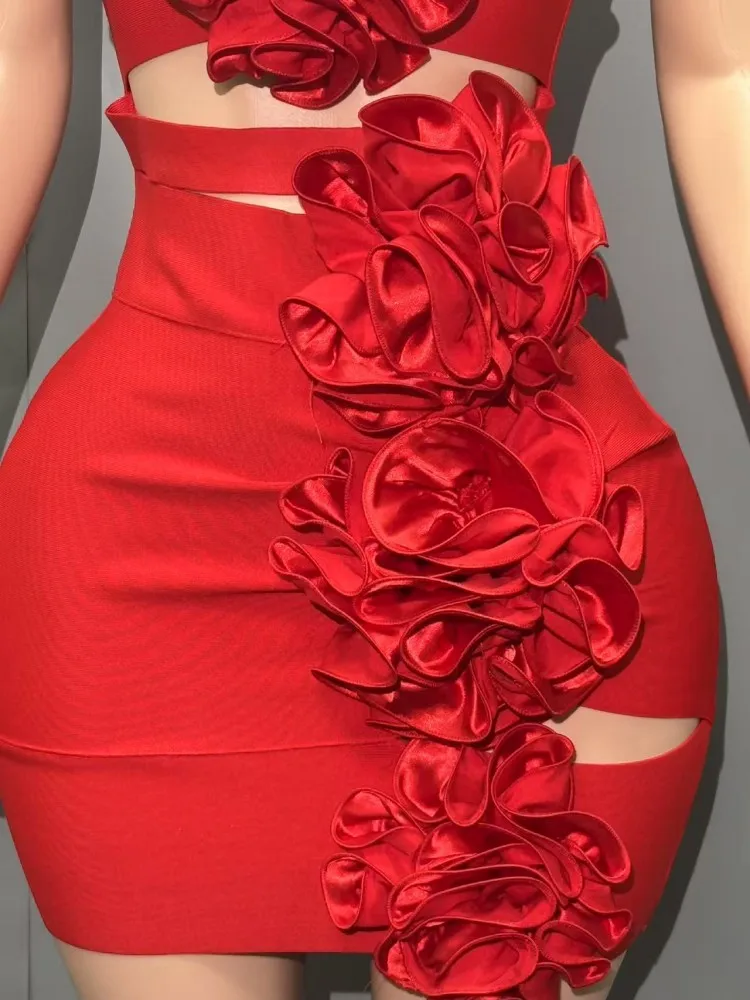 2025年最新 レディース セレブ セクシー ノースリーブ 花柄 カットアウト レッド ガウン ドレス エレガント イブニング パーティー クラブ ベスティド