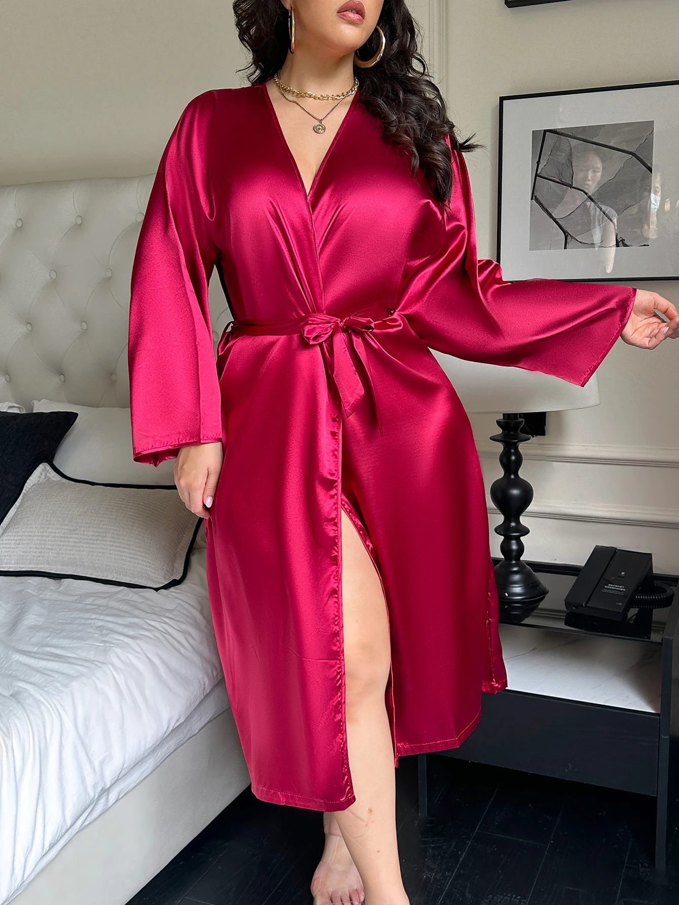 Solid Color Simple Plus Size Women's Robe Sexy and Comfortable Polyester Women's Home Wear