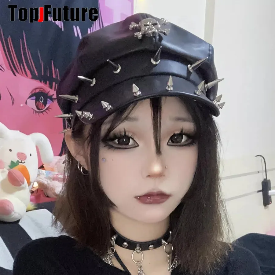 

WHarajuku Gothic Lolita Steampunk Cap Rivet Spike Y2K Girl Women's Metallic Punk Sharp nail decorative hats Caps