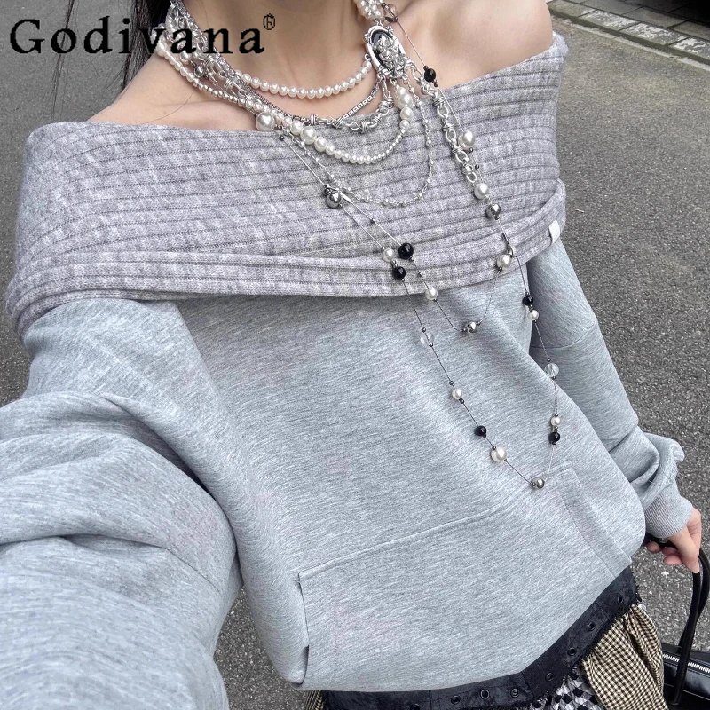 Gray Off Shoulder Sweatshirt for Women Spring Autumn Japanese Style Hoodies Girls Lolita Sweet Loose Versatile Sweatshirts