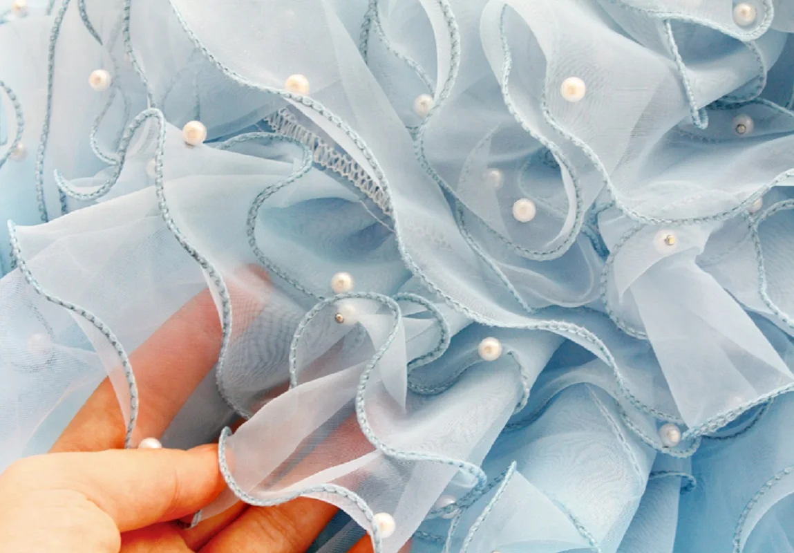 Handmade Dog Clothes Pet Supplies Trailing Dress Gown Blue Hemming Pearl Lace Butterfly Princess Tiered Skirt Tulle One Piece