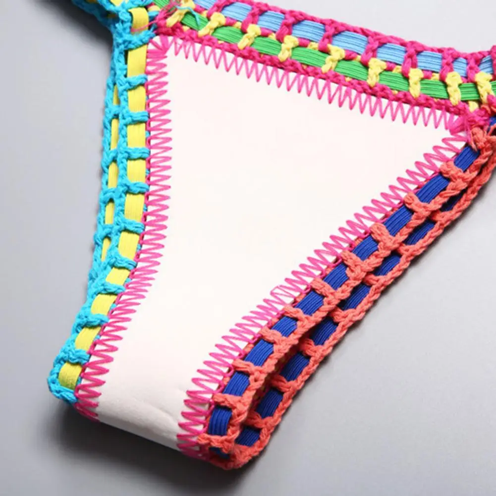 2 Pcs/Set Summer Bikini Set Bathing Suit Bright Color Patchwork Beachwear Handmade Crochet Women Swimsuit for Beach