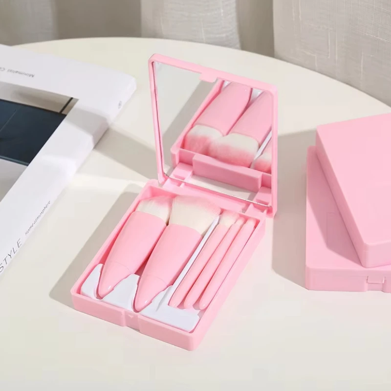 5Pcs/Set Mini Makeup Brushes Set Portable Travel Kit with Mirrors Fragrances Free Polyester Bristles Palm Brush Shaped Wholesale