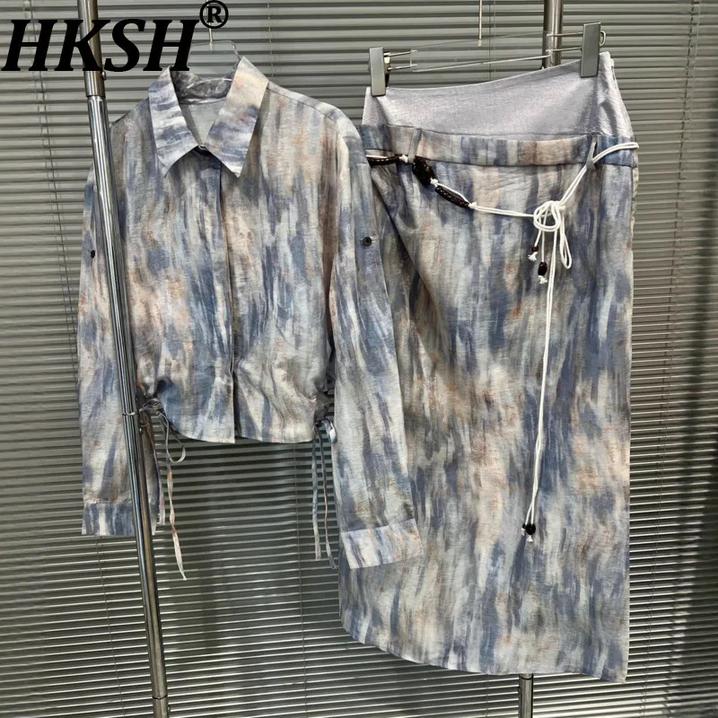 

HKSH Autumn New Women Fashion Streetwear Color-block Set Gradient Striped Short Casual Shirt A-line Split Patchwork Skirt HK9441
