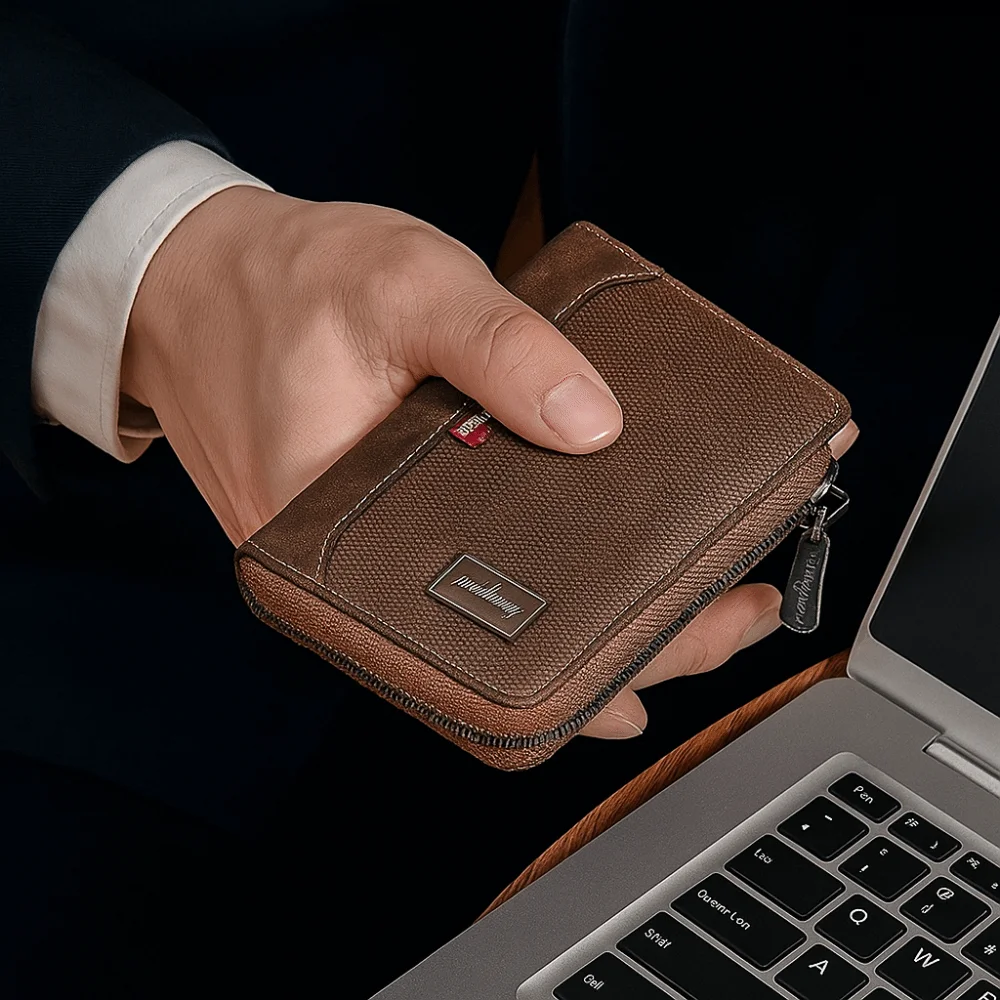 Fashion PU Leather Men's Wallet Multi-functional Large Capacity Short Card Bag Square Zipper Closure Business Wallet Male