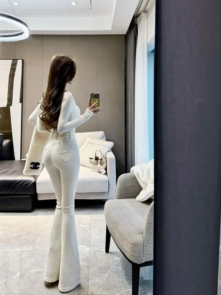 

High Waist Bell Bottom Denim Jeans Women's Elastic Slimming Korean Version Butt Lifting Long Pants Blue Cotton Stretch Denim