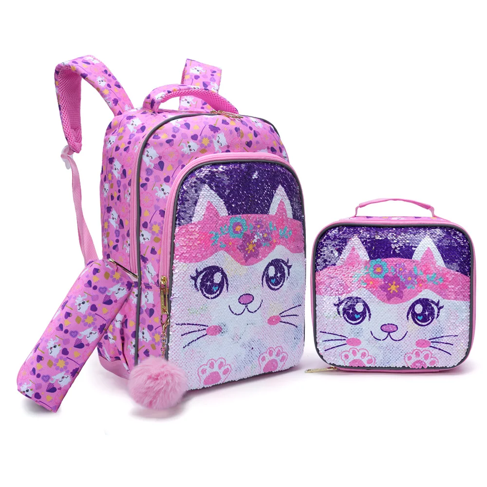 3PCS Kids Travel Bag, Luggage Bag, Bookbag, With Lunch Box And Pen Bag, Cute Cartoon Pink Kitty Cat Sequin, Nighttime Reflective
