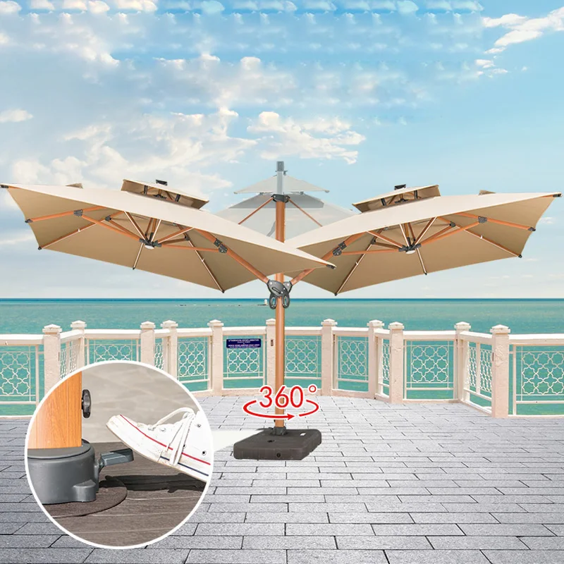 Solar Patio Large Umbrella with Led Lights, Wooden, Aluminum, Garden,  Beach, Anti-UV Cantilever, Outdoor Umbrellas with Base