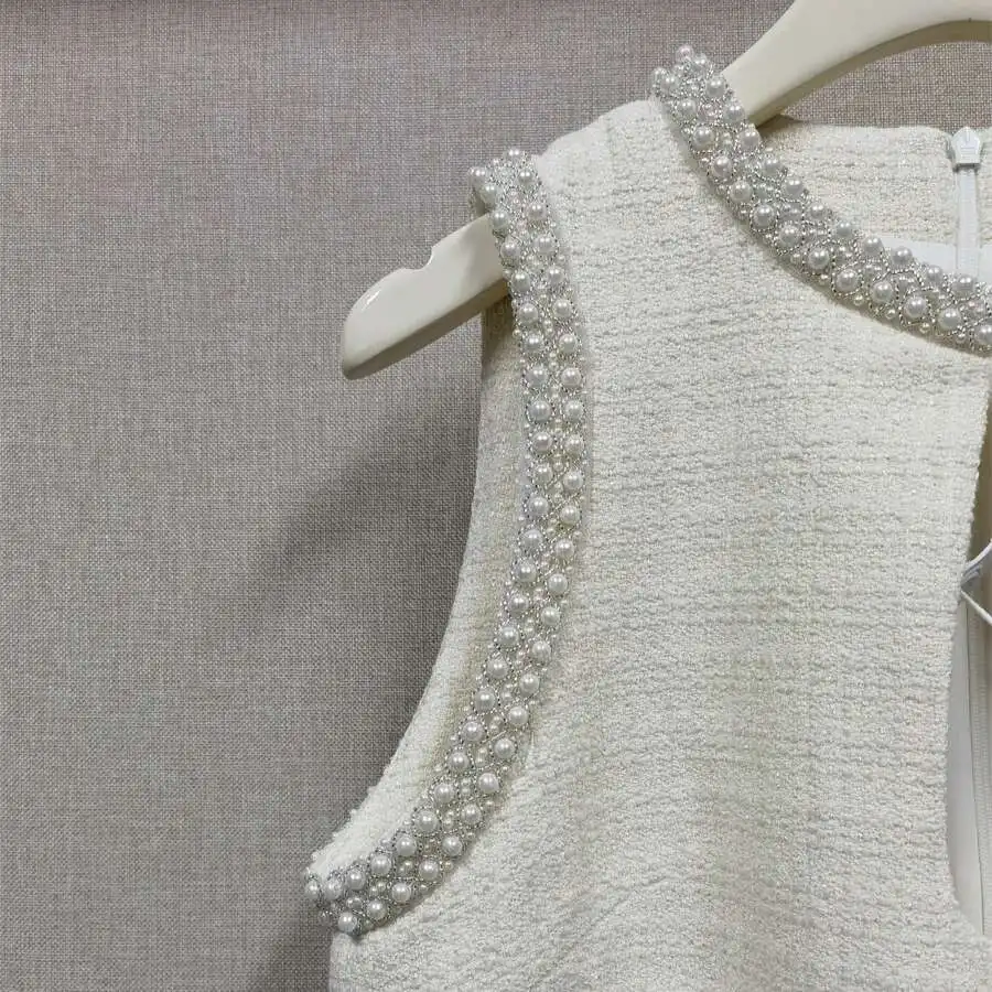 Luxury 2025 Spring Autumn White Pearls Collar Tweed Short Dress Women's Sleeveless Tank A Line Prom Evening Party  Vestidos