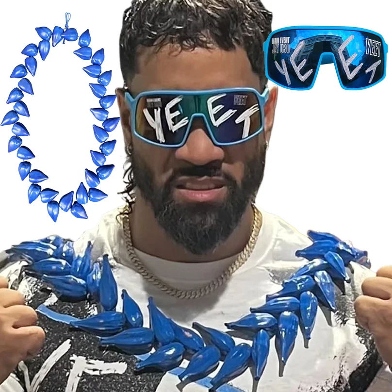 

Jey Uso Blue Necklace YEET Sports Shades Roman Reigns Tribal Chief Samoan ULA FALA Red WWE Merchandise