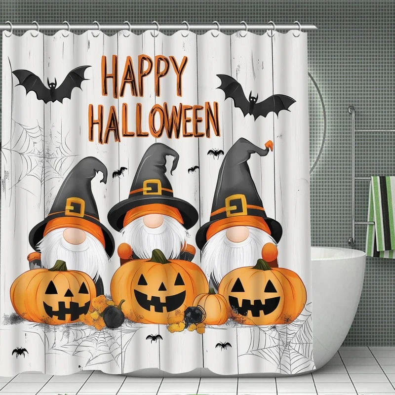 Halloween 1/4pccartoon pumpkin bat shower curtain set waterproof shower curtain and waterproof non-slip carpet,12 hooks included