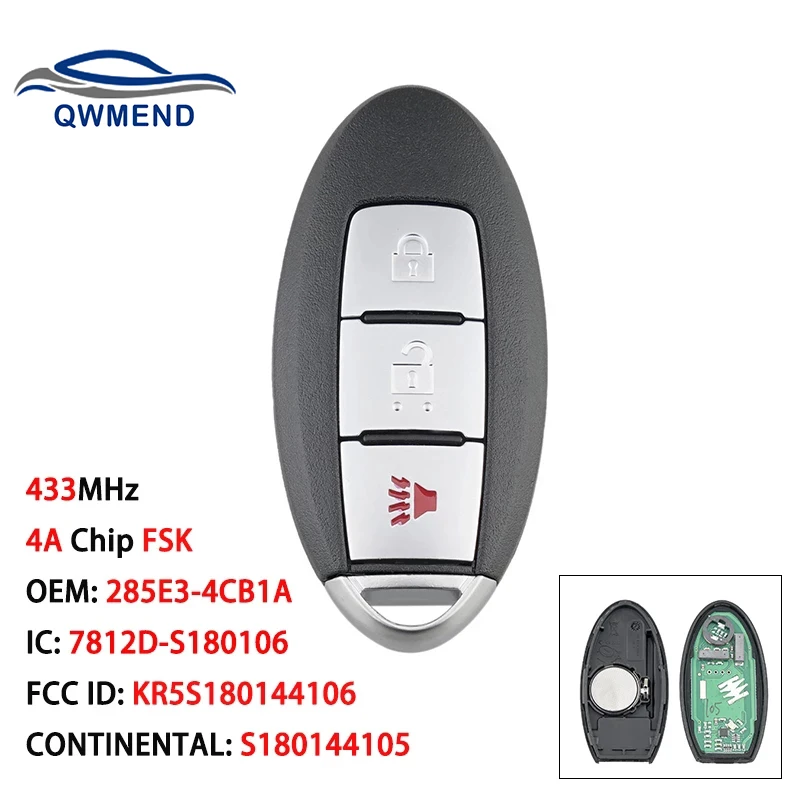 QWMEND KR5S180144106 Car Remote Key for Nissan Rogue US X-Trail South Asia 433MHz for Nissan Key 4A Chip FSK