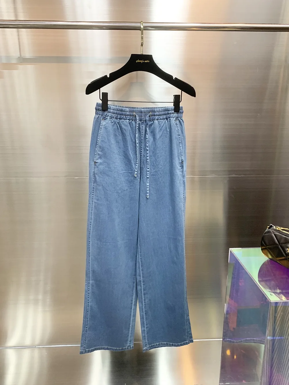 

Casual High Waist Cotton Dstring Elastic Waist Straight Leg Jeans Women's Wide Leg Pants Autumn 2025 New Arrival