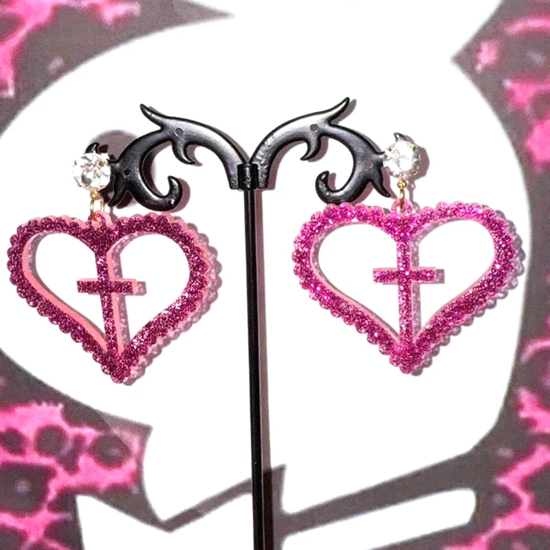 Y2K Schmuck Rosa Glänzende Herz Kreuz Tropfen Ohrringe für Frauen Sexy Mode Charme Ästhetische Ohrringe Zubehör Kawaii Ohrringe