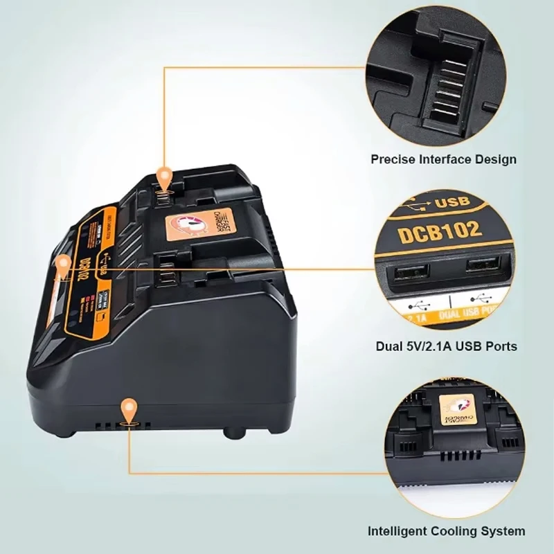 ZWINCKY DCB102 Charger Rapid 2 Slide Port 4A Charging Current USB 2A DCB200 DCB140 For Dewalt，14.4V 18V Lithium Battery Charger