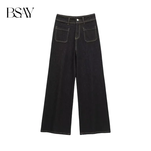 BSAY Jeans para mujer moda Otoño Invierno nuevo Color sólido bolsillo suelto Retro alta cintura pantalones de pierna ancha Chic pantalones femeninos
