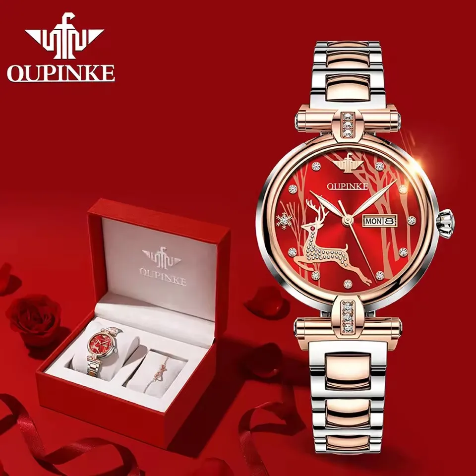 

OUPINKE 3180 Diamond Watch Sets for Women Elegant Rose Gold Ceramics Strap Waterproof Calendar Automatic Mechanical Wristwatches