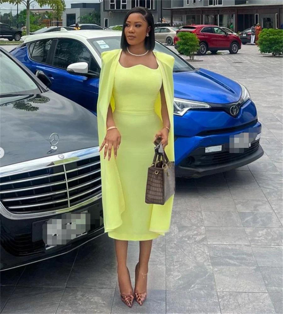 

Chic Yellow Two Piece Prom Dress With Jacket 2023 Sheath Midi Evening Dresses Fashion Women Dinner Cocktail Party Skirt Formal