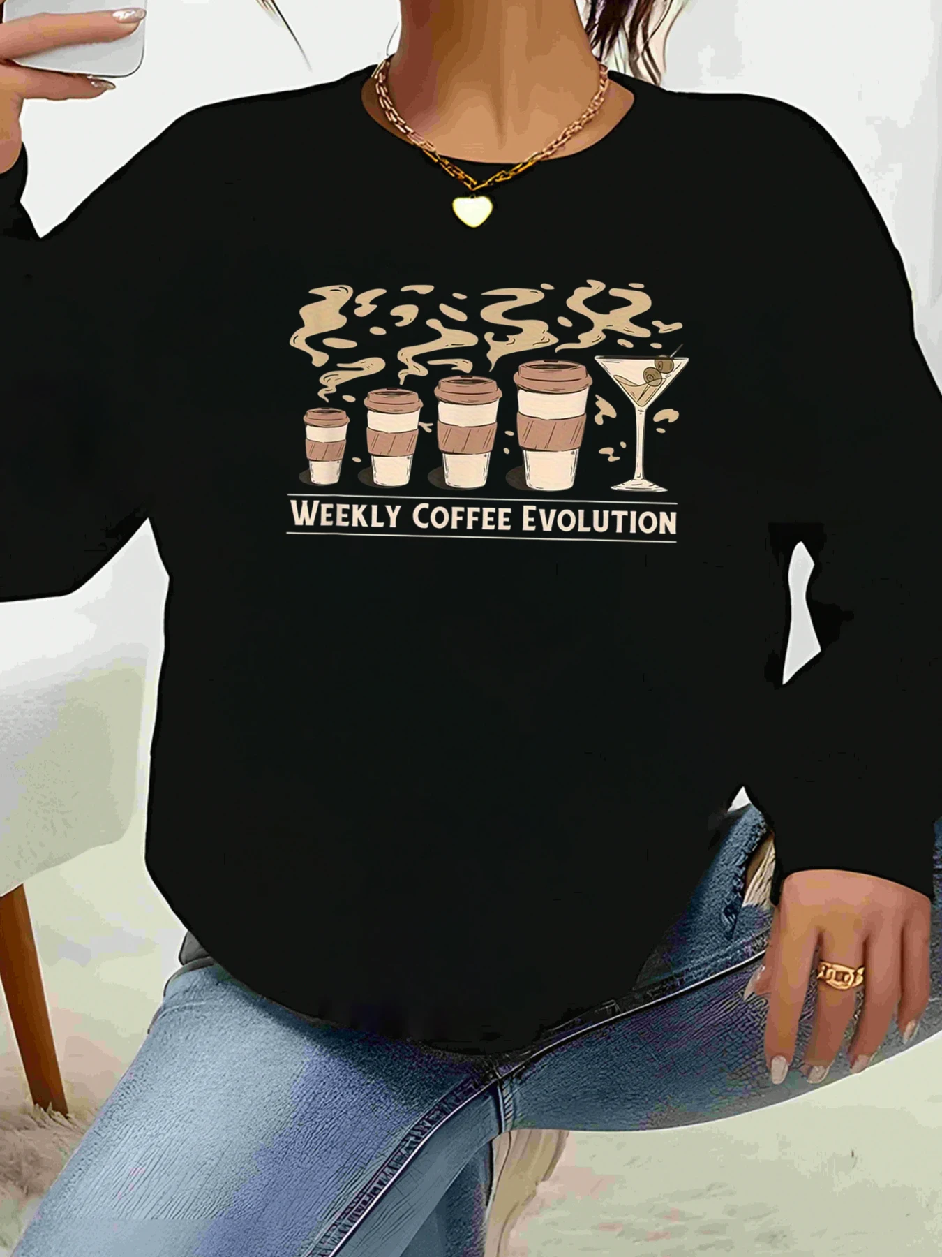 

Топ с длинными рукавами и принтом Weekly Coffee Evolution для повседневной женской одежды