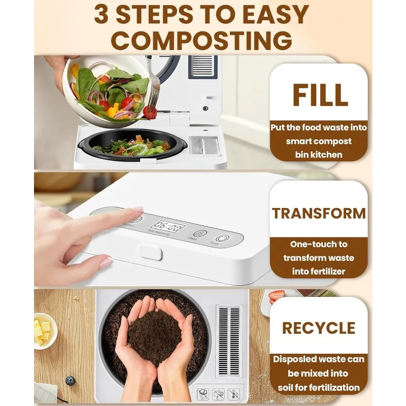 Electric Composter for Kitchen, 3L Compost Bin, Odorless/Auto-Cleaning/LED Display, Countertop Smart Compost Bin