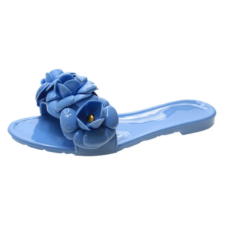 Comemore Sweet Women Flower Appliques pantofole Pvc Jelly Shoes tacco piatto Soft Elegant Leisure Slides Outdoor Beach Chinelos 2022