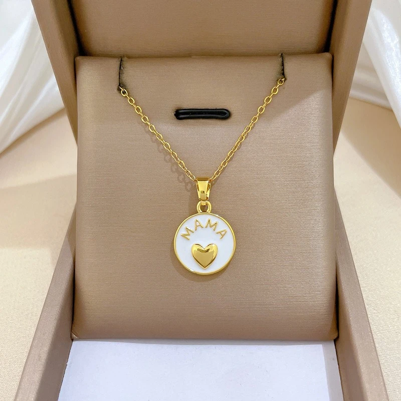 بسيطة الأبيض المينا ماما القلب جولة قلادة القلائد للنساء الذهب اللون الفولاذ المقاوم للصدأ سلسلة مجوهرات هدايا عيد ميلاد للأم