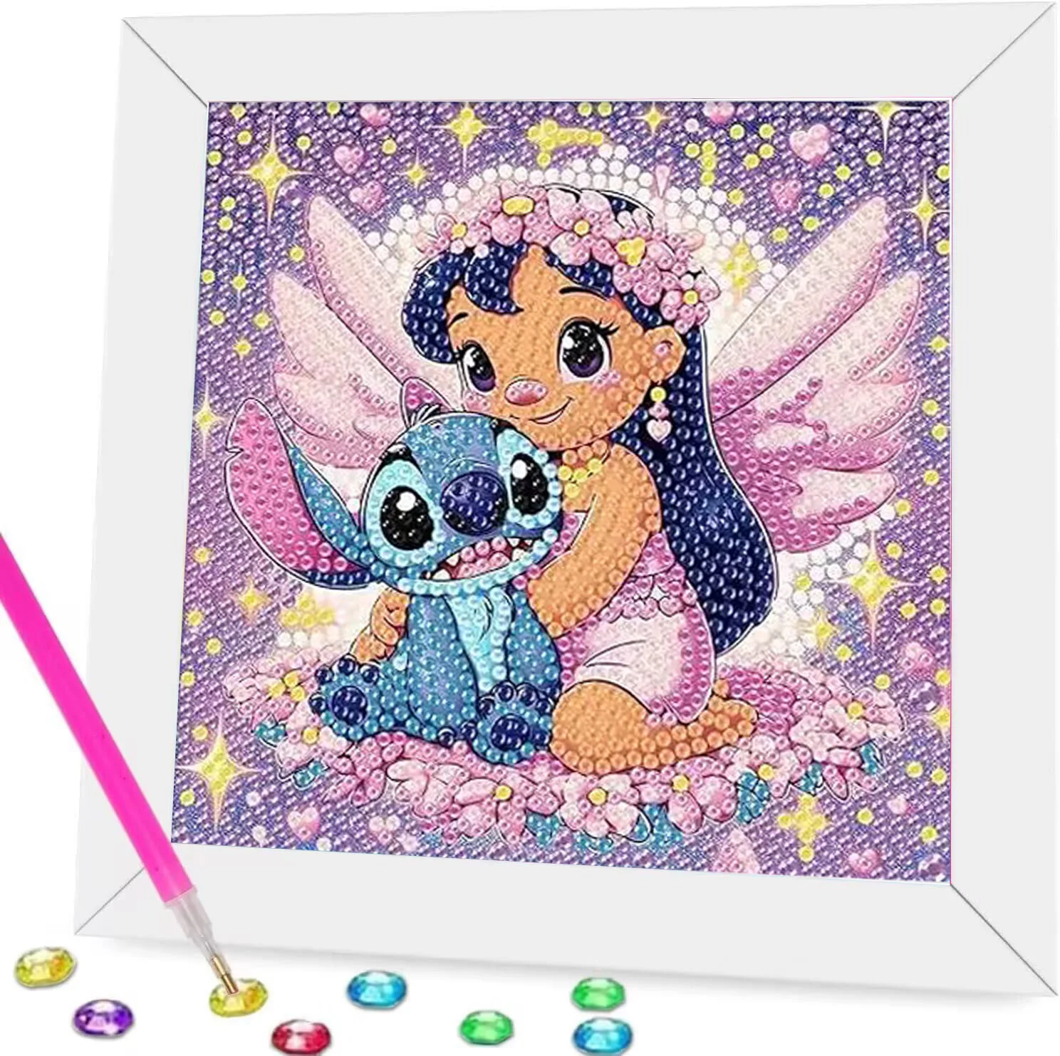 18x18cm No Frame 5D Full Round Drill Diamond Painting Kit Cute Blue & Pink Big Ears Alien Couple Pet Rainbow Red Heart Bubble Ba