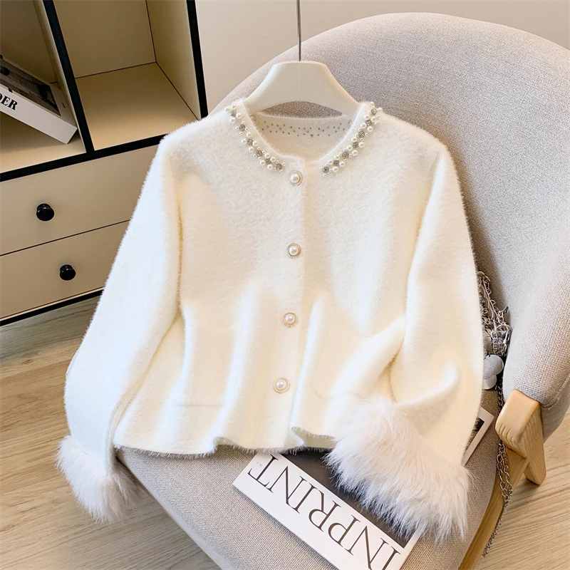 

MEXZT White Beading Knitted Cardigan Women Korean Faux Fur Patchwork Sweater Outerwears Elegant Black Knitwears Winter Jumpers