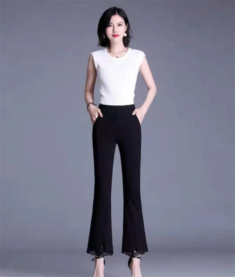 New Office Lady Lace Patchwork White Elastic Waist Casual Pants Summer Solid Women's Versatile Micro Flared Pants Women Clothing