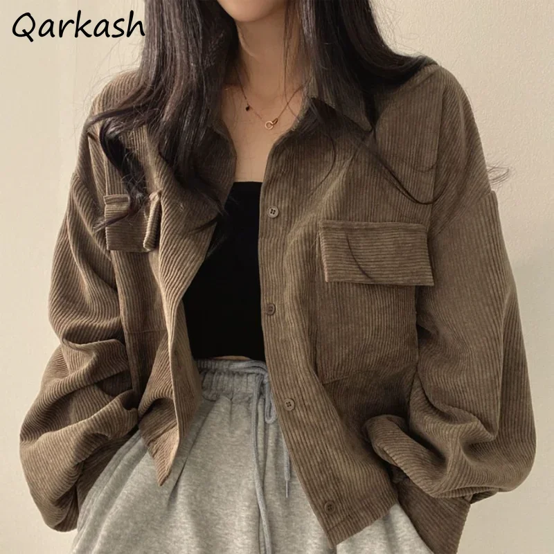 

Corduroy Basic Jackets Women Autumn Solid Crop Coat Korean Style Fashion Chic All-match Daily Baggy Casual Simple Mujer Chaqueta