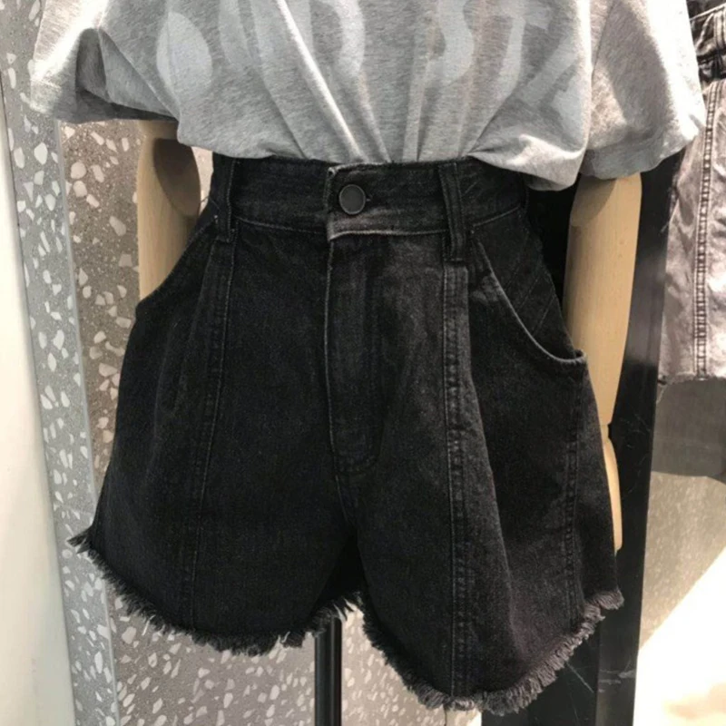 Pantalones cortos vaqueros negros para mujer, pantalón holgado de cintura alta con borde sin rematar, pierna ancha, gran tamaño, versátil, ajustado,