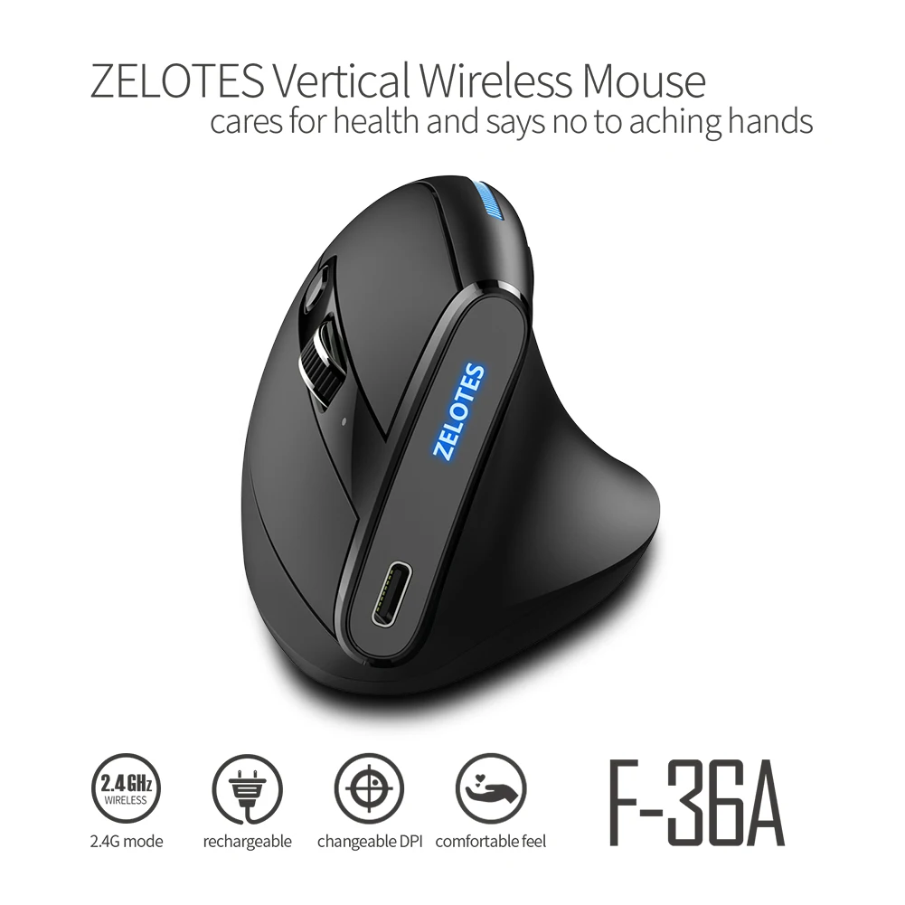 

ZELOTES F-36A 2.4G Ergonomic Vertical Mouse 6 Buttons Wireless Rechargeable Mice 2400 DPI Adjustable Computer Accessories
