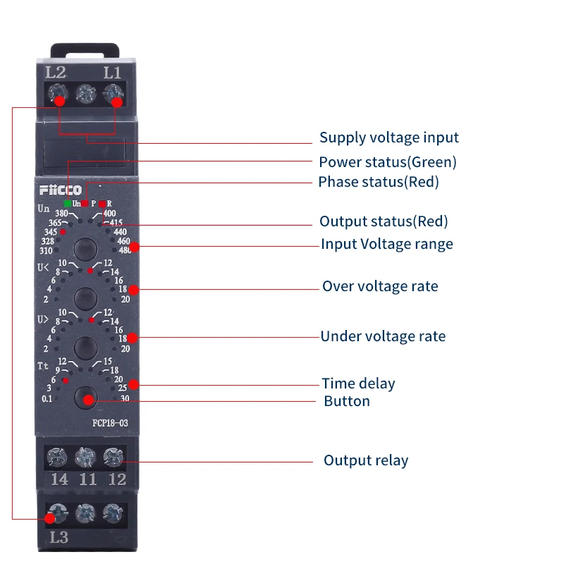 Fiicco FCP18-03 Din Rail Three-phase Voltage Relay for HVAC Systems  Industrial Pumps  Voltage Monitoring  Phase Failure Cutoff