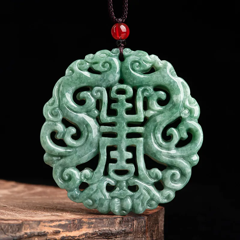 

New authentic high-end A-grade jadeite bean seed hollowed out antique brand zodiac dragon brand jade pendant for men and women