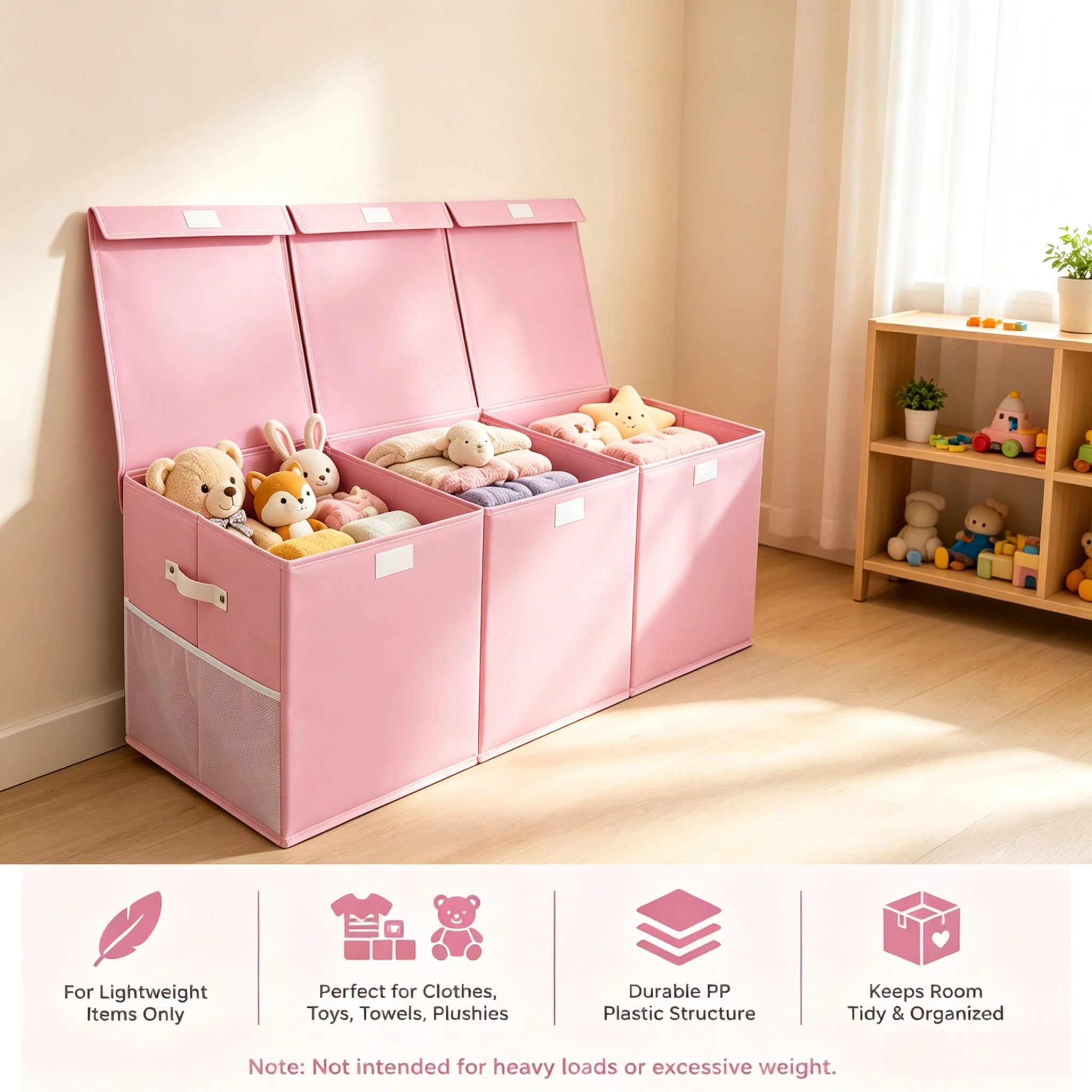 40 X 14 X 16 Inches Kids Toy Storage Box, Foldable Fabric Organizer with Mesh Pockets, Large Capacity 3-Compartment Storage Bin for Nursery & Bedroom, Pink
