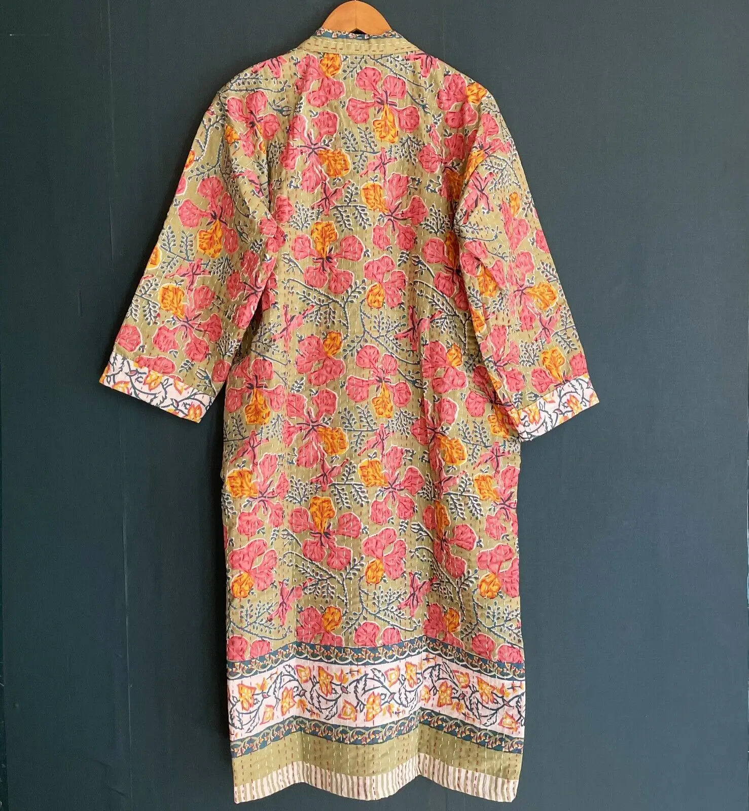 Kantha Kimono Coat Bathrobe Soft Cotton Long Jacket Hand Block Print