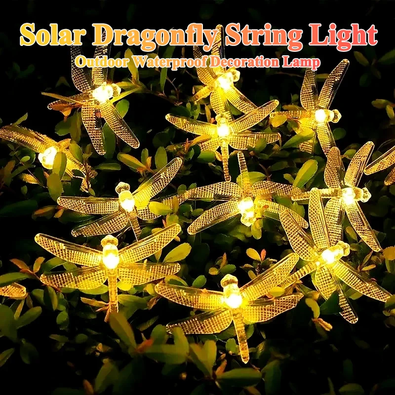 Solar Dragonfly String Lights Outdoor Fairy Lights with 8 Lighting Modes Waterproof Garland Festoon Garden Landscape  Decor Lamp